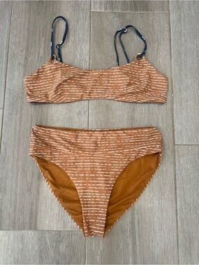 Rip Curl Striped Rust Two-Piece Bikini Set with Navy Straps size Medium
